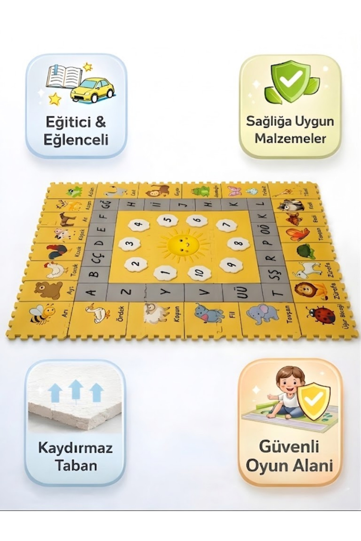 BEYLİNİ 15 Parça Puzzle Oyun Halısı Yapboz Karo Eva Sünger Sayılar Hayvanlar Alfabe Eğitim Matı 90x150 CM fotoğrafı 2 (önizleme)