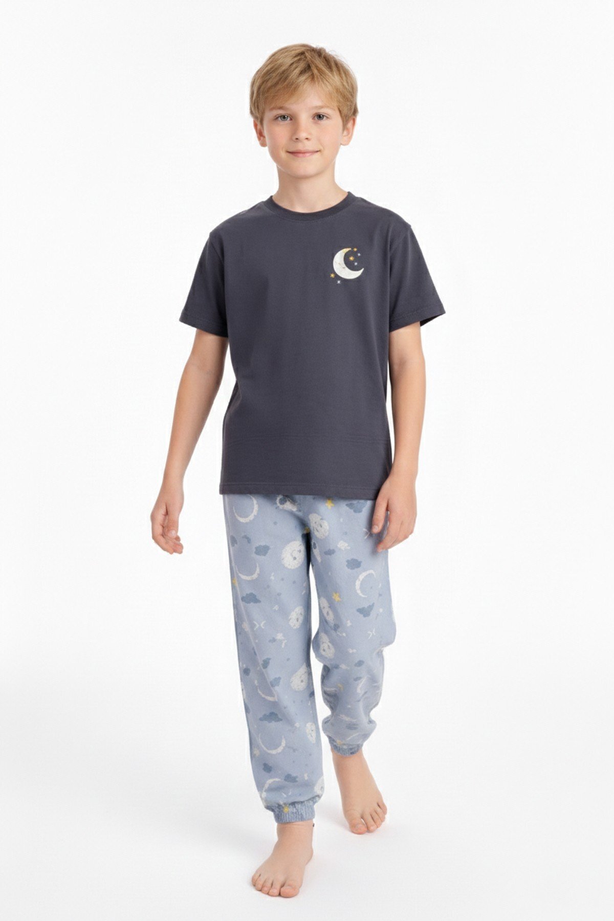 SERRASTIL Erkek Çocuk Baskılı Gri Renk %100 Pamuk Süprem Kısa Kollu Pijama Takımı fotoğrafı 2 (önizleme)
