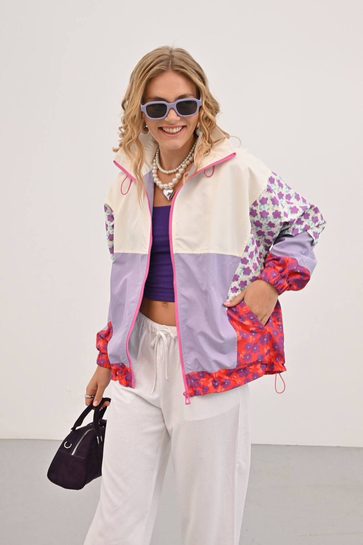 İLKCET MODA Çiçek Desenli Neon Kadın Yağmurluk