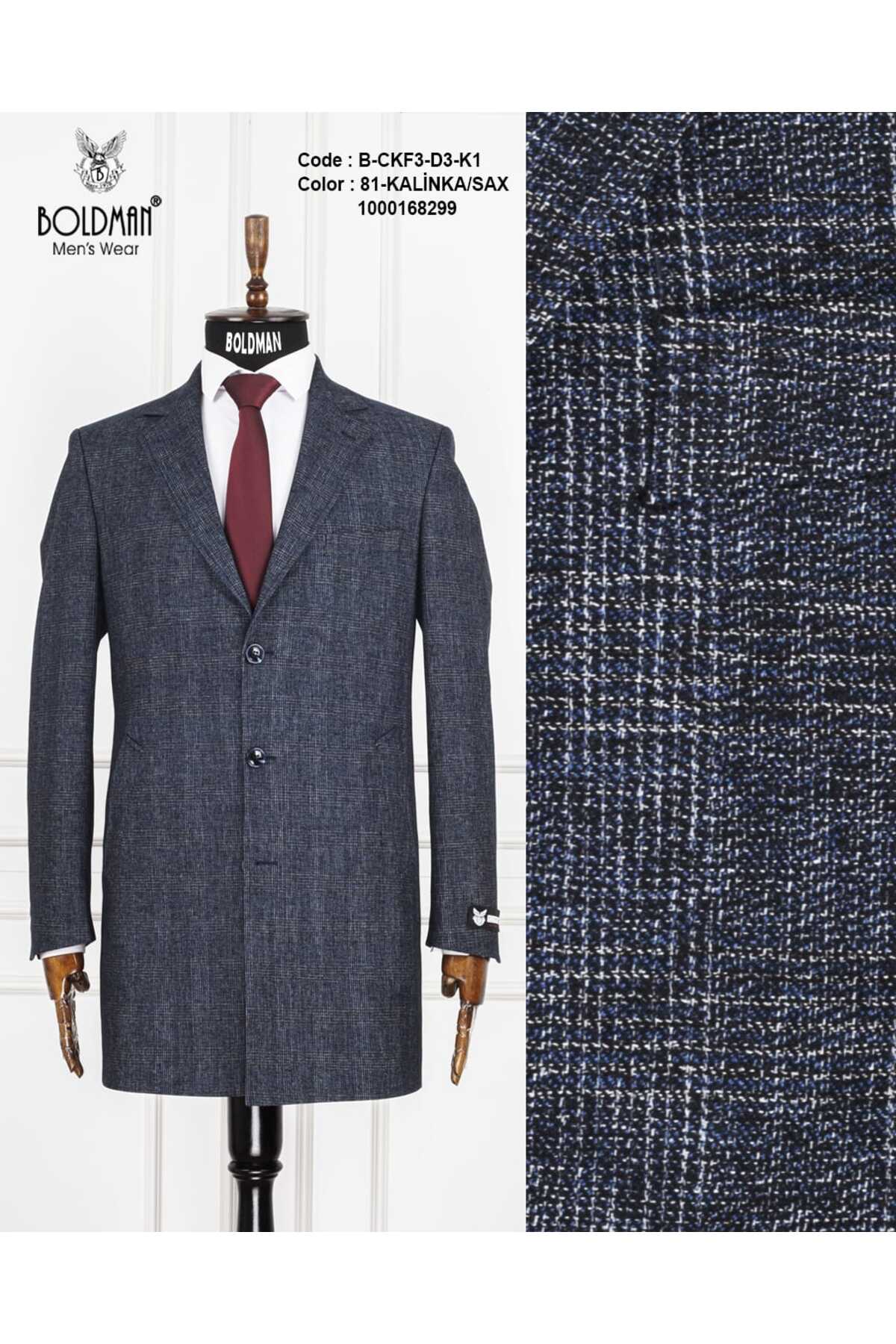 FABIO CASSEL  Lacivert Ekose Uzun Ceket – 3 Düğmeli, Yan Cep Detaylı, Klasik Kesim Erkek Ceket - Görsel 3