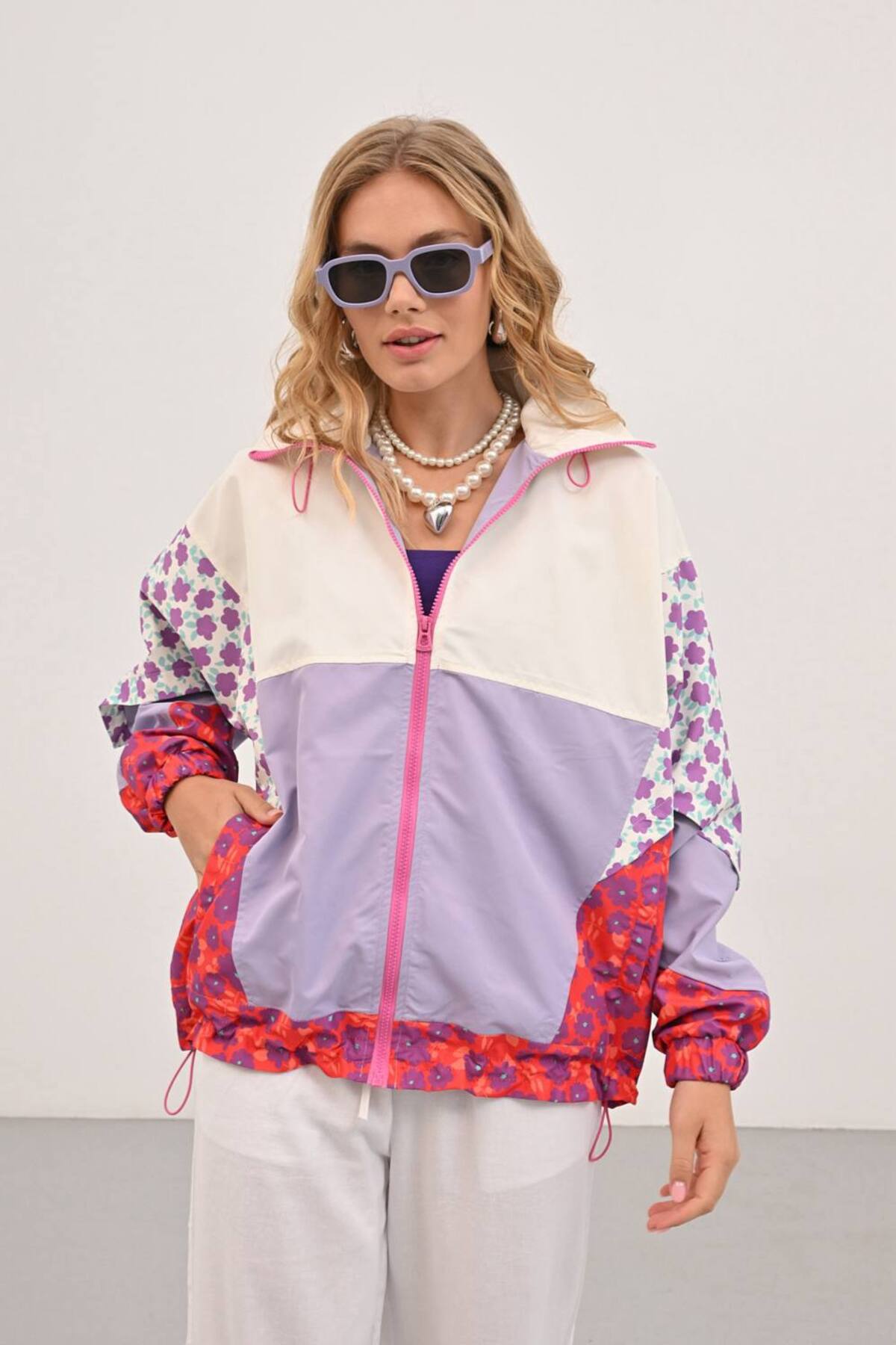 İLKCET MODA Çiçek Desenli Neon Kadın Yağmurluk görsel 3