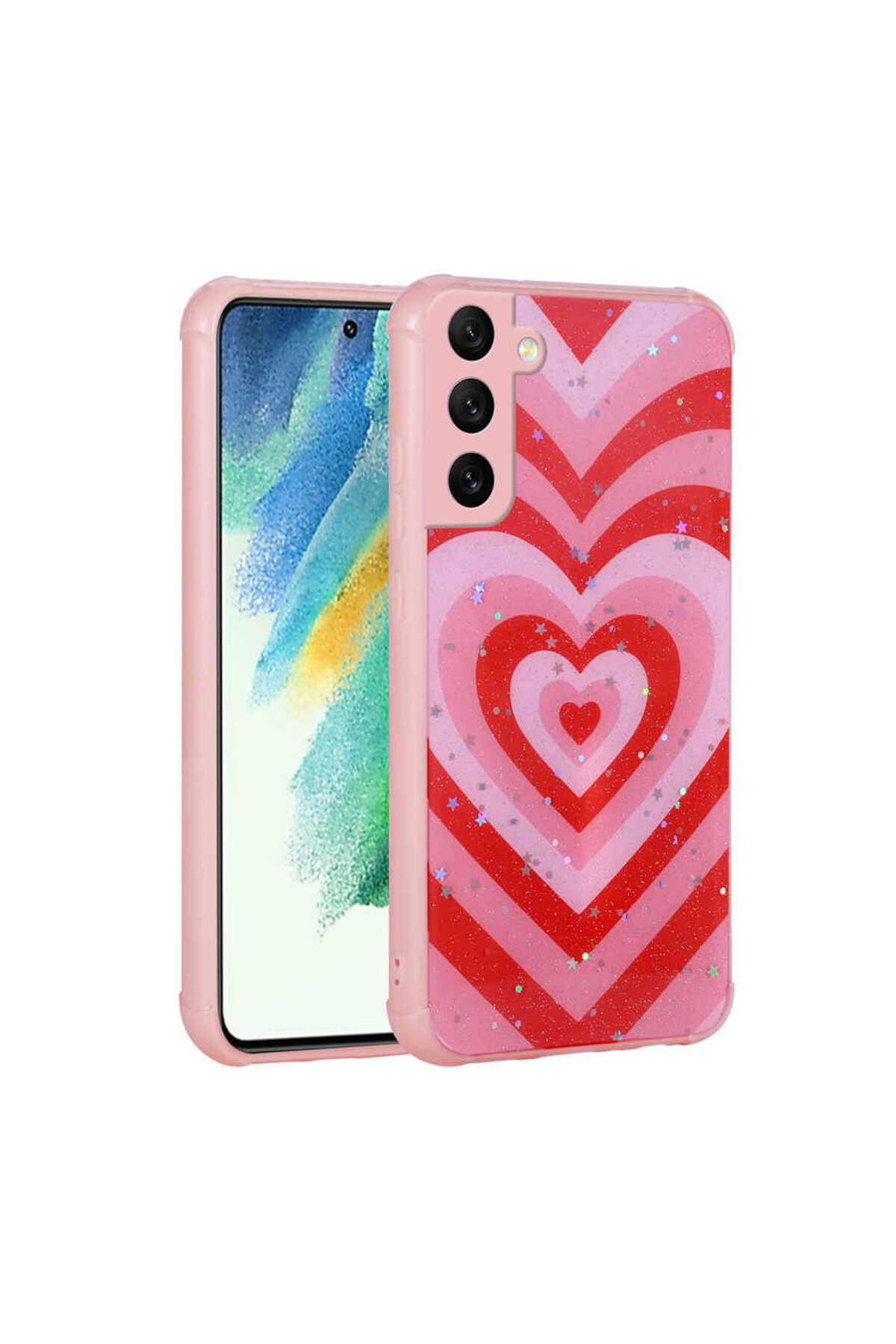 Galaxy S21 FE Uyumlu Simli Desenli Kamera Korumalı Parlak SEKO Popy Kılıf-Kalp