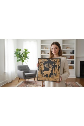 STORi Ahşap Ormanda Geyik Duvar Tablosu - Dekoratif Duvar Süsü- İskandinav Ta...