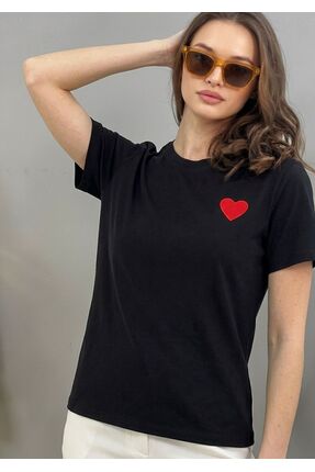 MYZ LİFE Siyah Kalp Nakış İşlemeli T-Shirt Full Likralı Süprem
