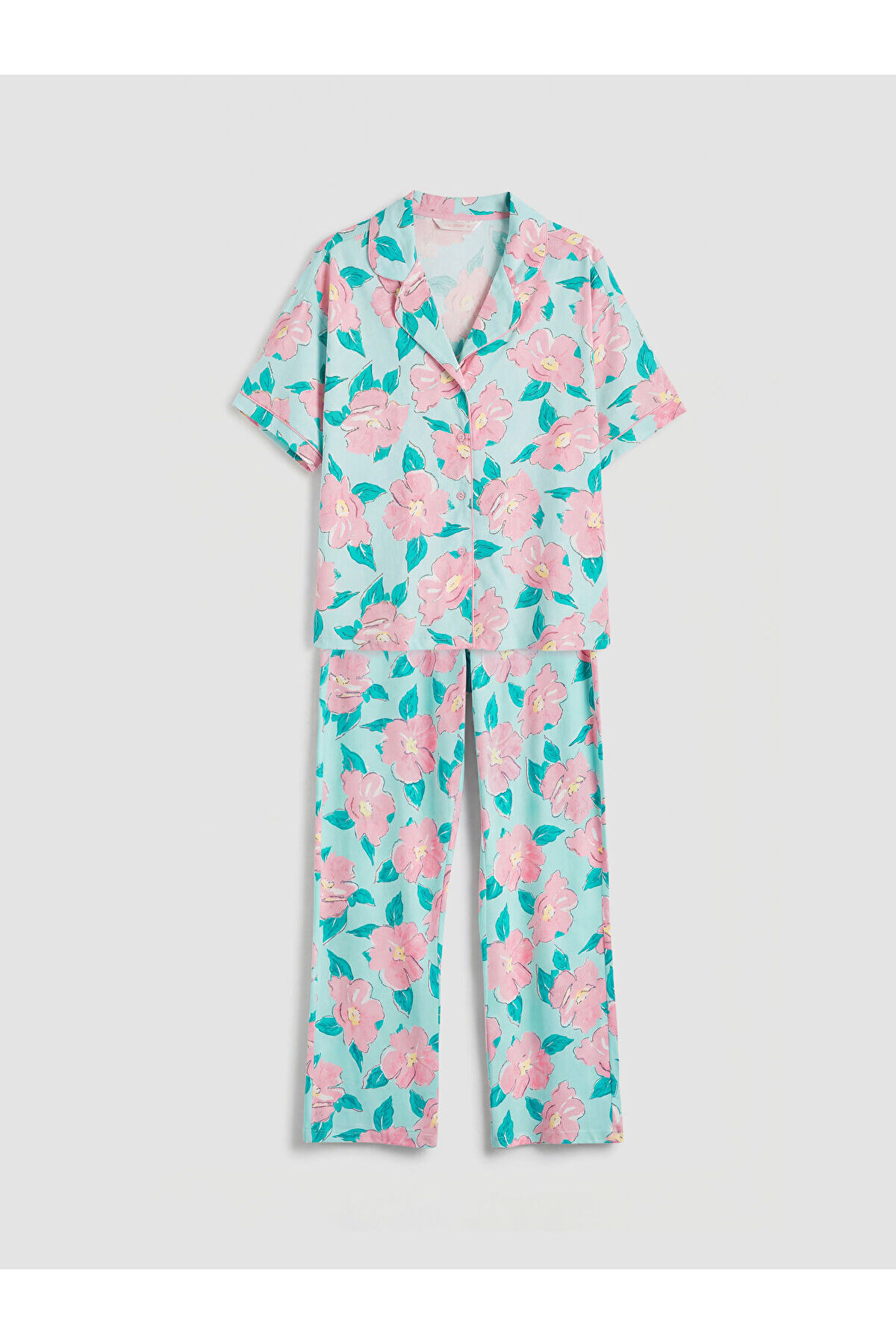 LC Waikiki New Season from Güli̇s Gi̇yi̇m Turquoise Shirt Collar Floral Women's Pajama Set