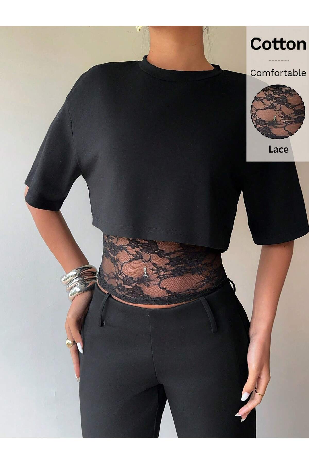 Wild Flower  Siyah Crop Tişört Kadın Dantel Detaylı Yuvarlak Yaka Şık Üst Bluz - Görsel 6