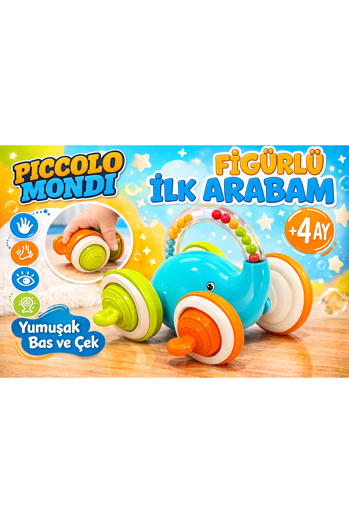 Piccolo Mondi Figürlü İlk Arabam Yumuşak Bas Çek Oyuncak Araba +4