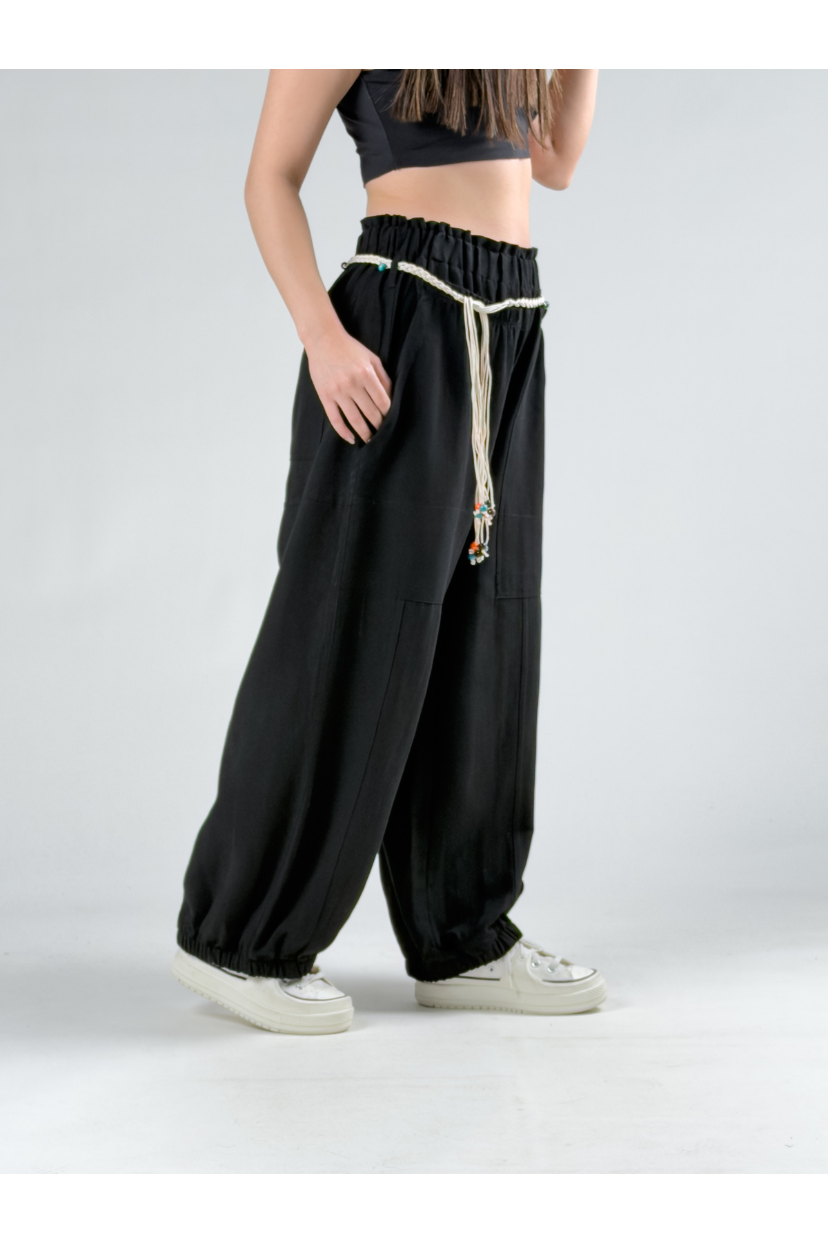 COCOPELLI  Tasarım Keten Siyah Baggy Pantolon COC2964 - Görsel 3