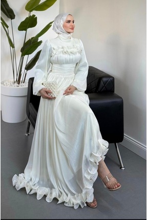 GÜZELLER Eteği ve Göğsü Fırfırlı Jan Jan Kumaş Söz İsteme Nişan Nikah Elbises...