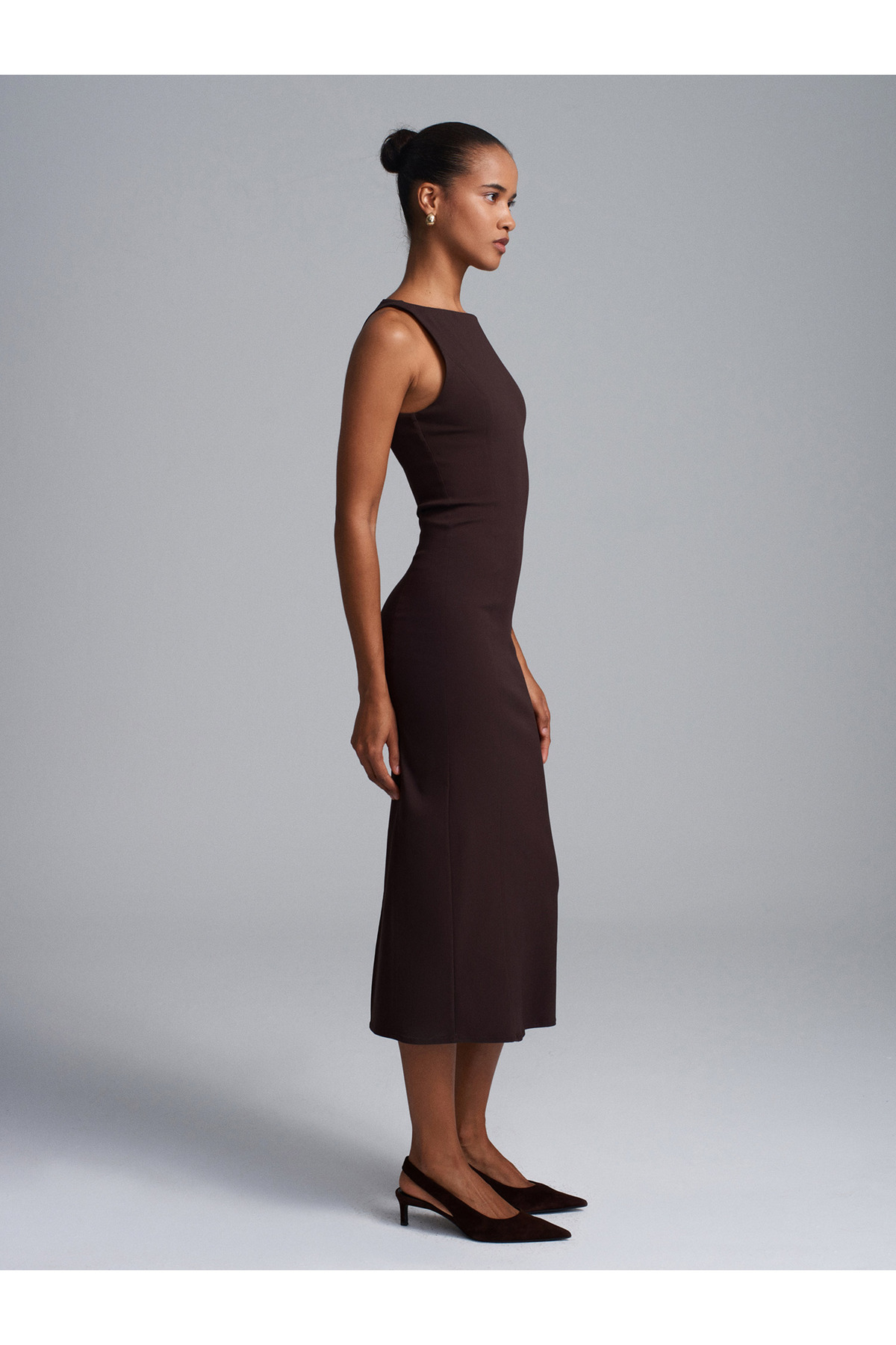 Dilvin  91099 Extra Slim Fit Midi Elbise-Koyu Kahve