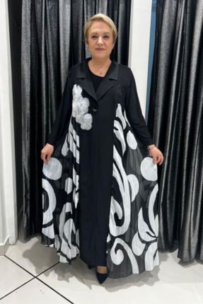 selma Büyük Beden Kolsuz İç Elbiseli Siyah Elbise Takım