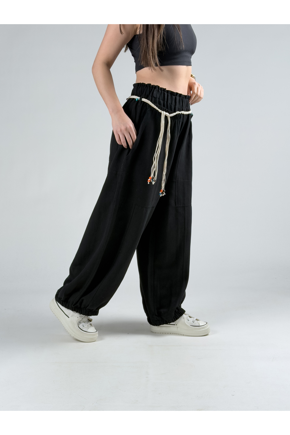COCOPELLI  Tasarım Keten Siyah Baggy Pantolon COC2964 - Görsel 5