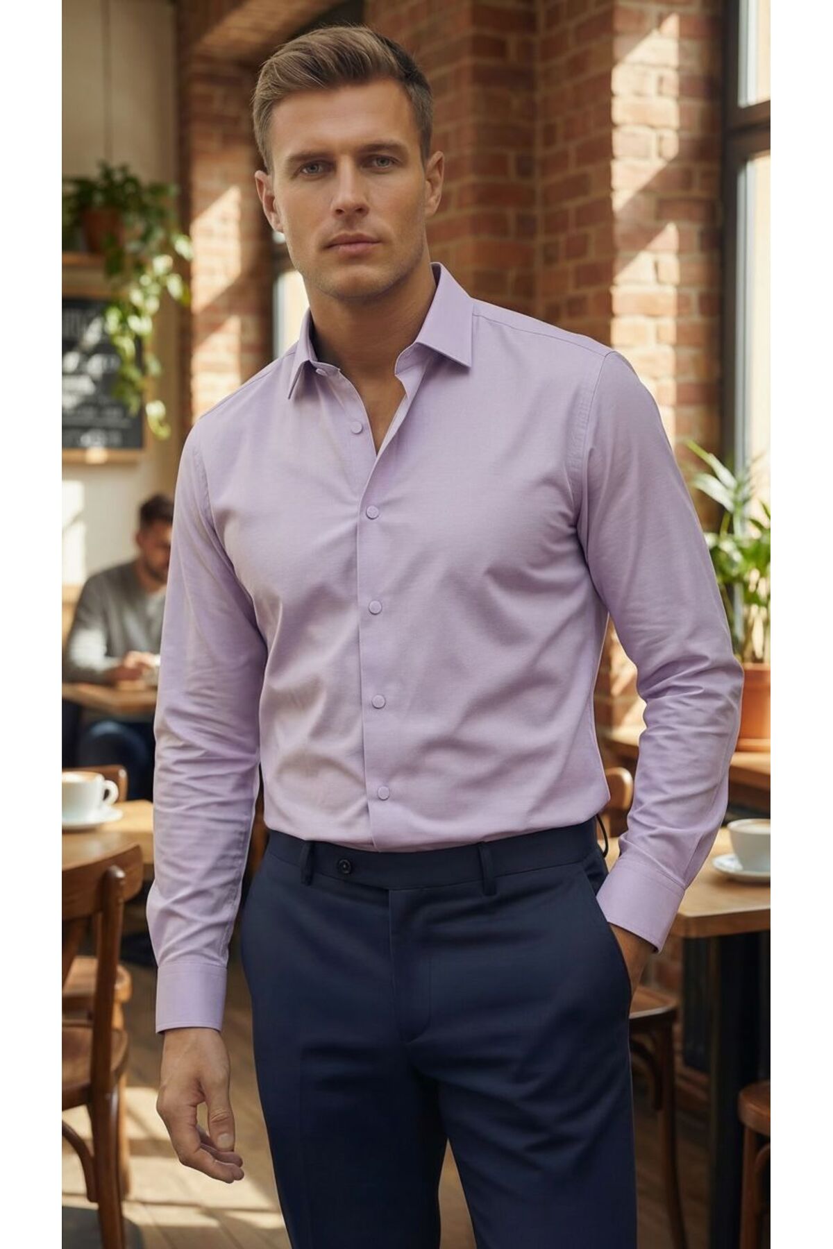 Slim Fit Çıtçıtlı Düz Likra Gömlek — بنفش PSR4500