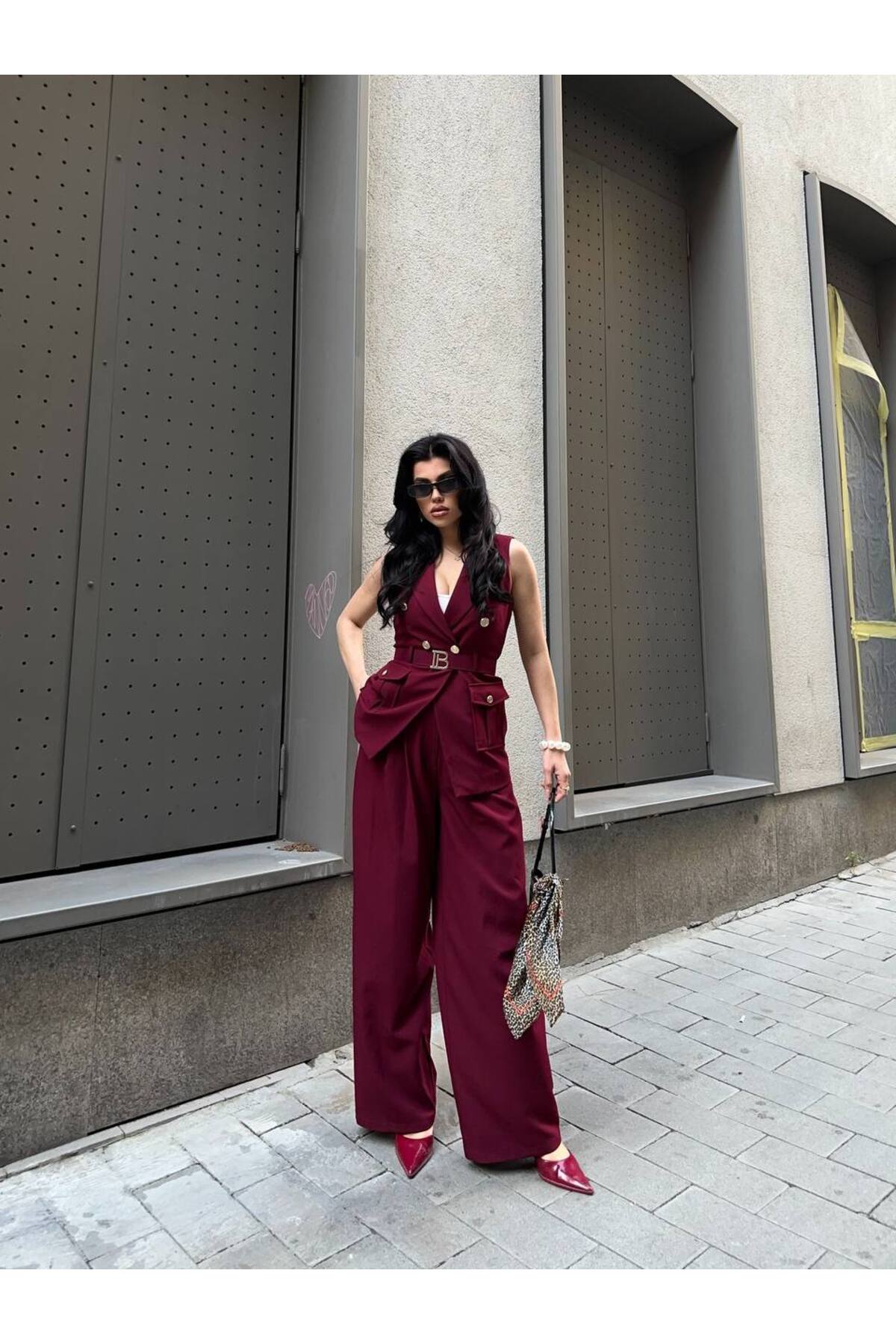 Costume tailleur veste avec ceinture B pour femme - Görsel 3