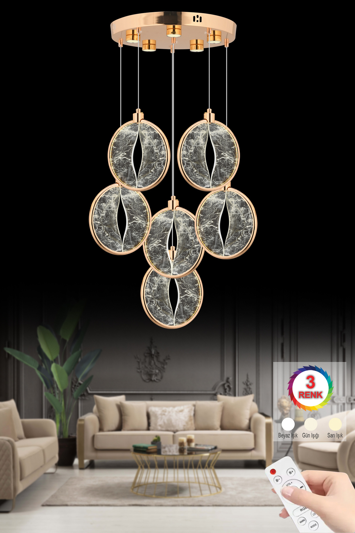 Asia 6pcs Gold Operated 3 Colors Led Modern Luxury Led Chandelier