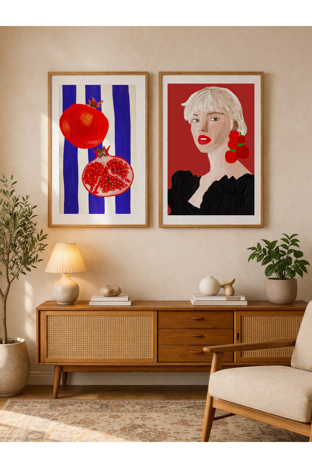 2’li Tablo Seti Nar ve Kadın Portre Modern Poster Duvar Dekoru Çerçevesiz