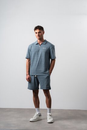 Respire Erkek 2FLYY Yazılı Yarım Fermuarlı Regular Fit T-Shirt Şort Takım Petrol