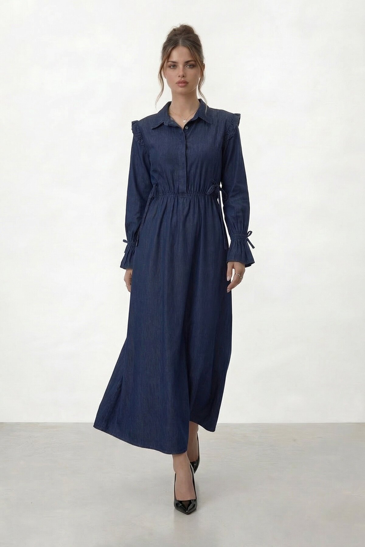 VAGGON  Belden Büzgülü Bağlama Detaylı Uzun Kollu Midi Elbise - Görsel 4