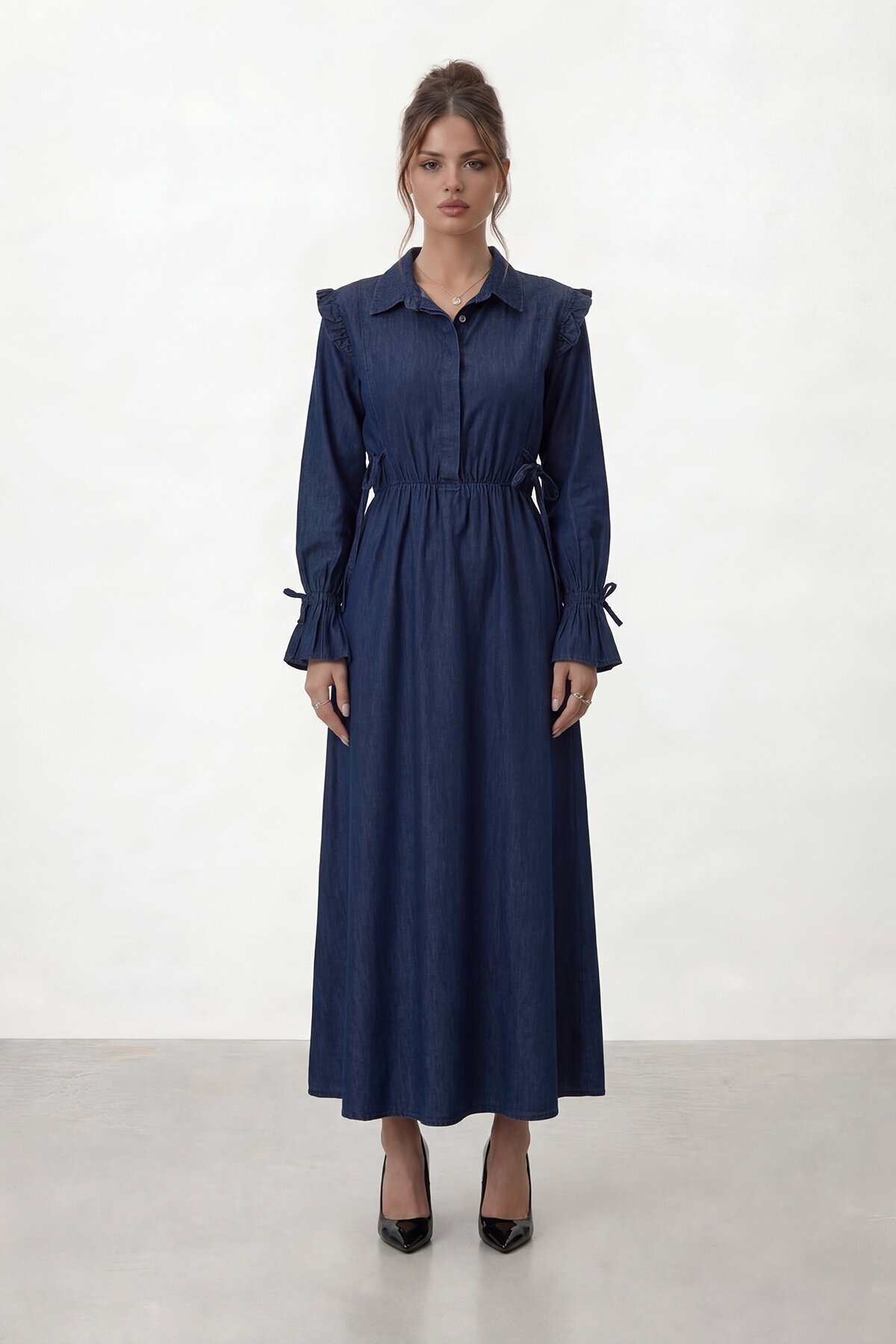 VAGGON  Belden Büzgülü Bağlama Detaylı Uzun Kollu Midi Elbise - Görsel 5