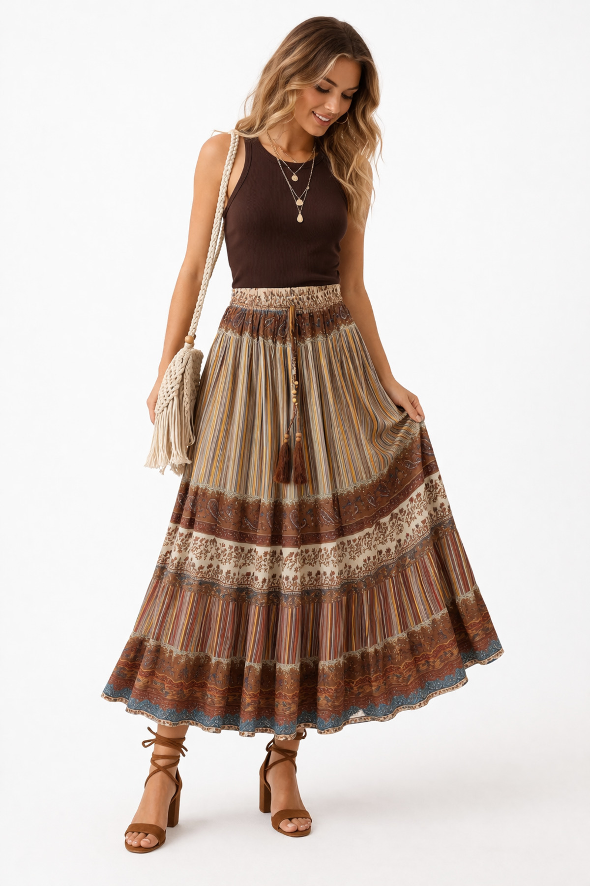 kikiriktekstil  10887 Kadın İç Astarlı Bel Lastik Maxi Boy Desenli Şifon Etek