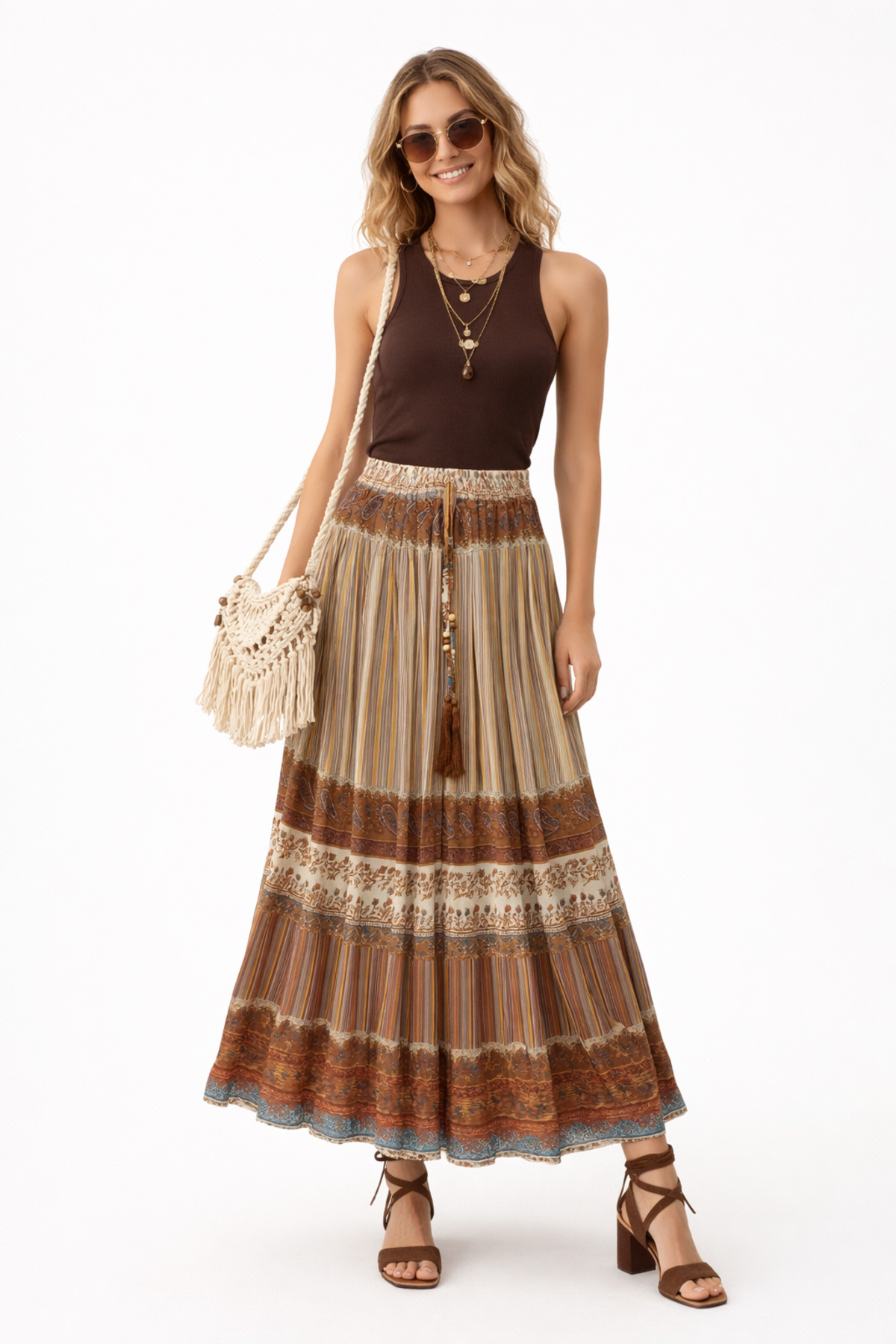 kikiriktekstil  10887 Kadın İç Astarlı Bel Lastik Maxi Boy Desenli Şifon Etek - Görsel 2