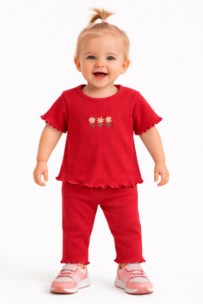 Chicsy Baby Kız Bebek Esnek Fırfırlı Tarz Çiçek Nakışlı Fitilli 2’li Takım