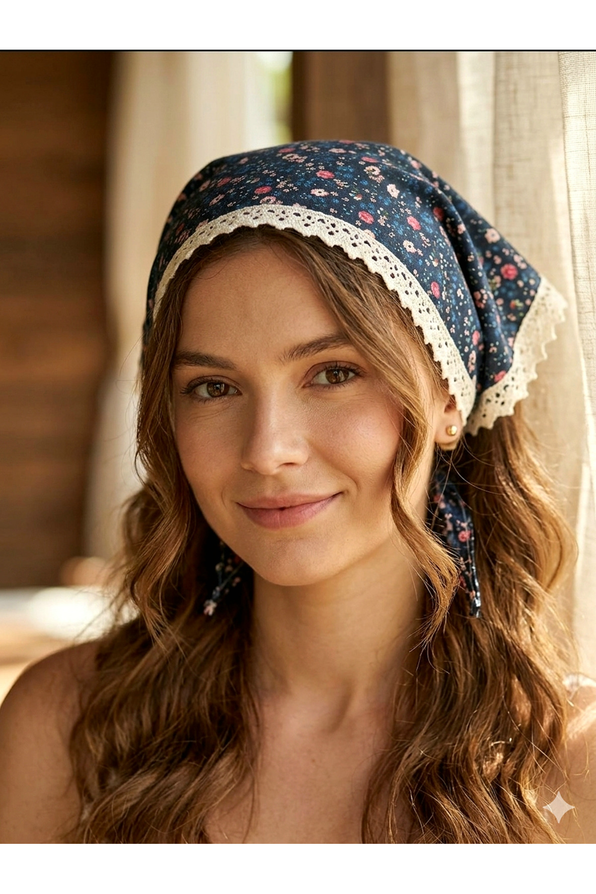 Lace Detailed Flower Patterned Cotton Bandana – Women's Hair Band with Laces/ Vintage & Bohemian Style