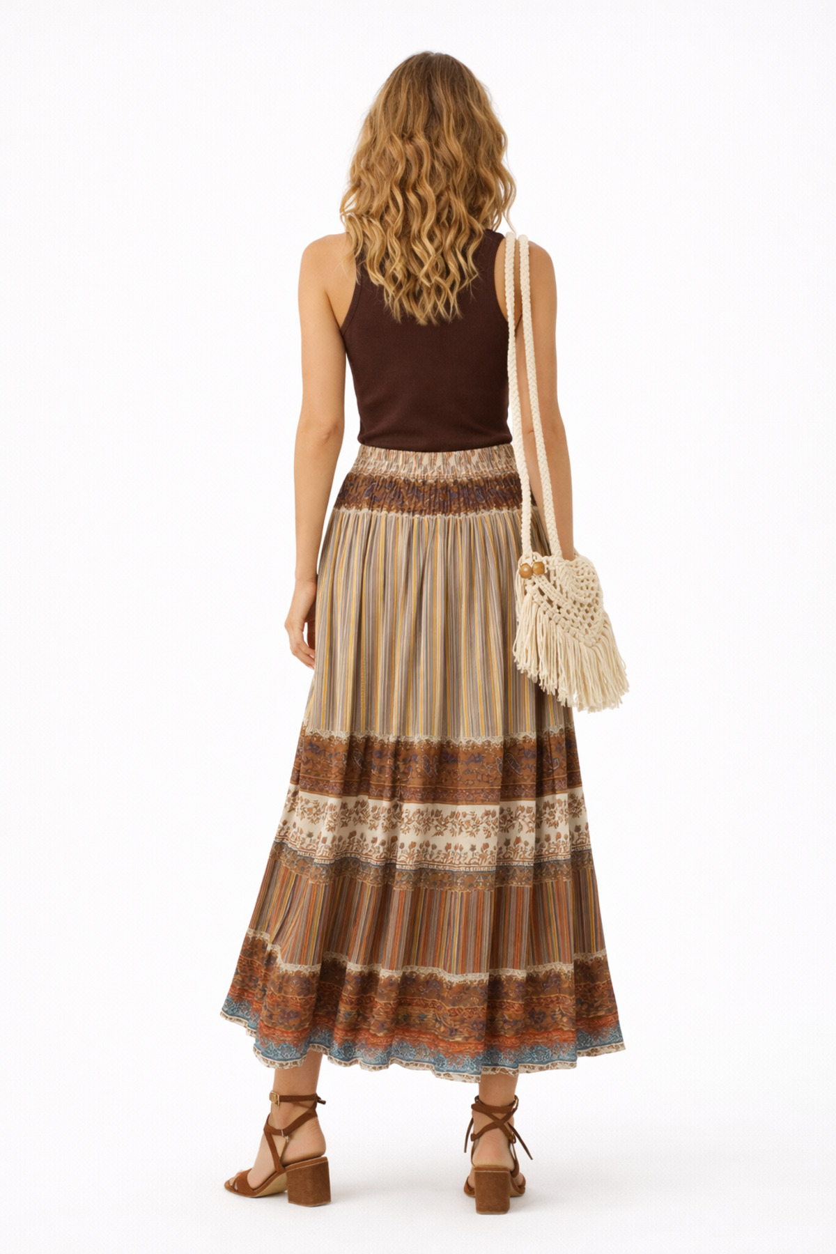 kikiriktekstil  10887 Kadın İç Astarlı Bel Lastik Maxi Boy Desenli Şifon Etek - Görsel 4