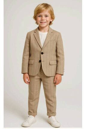 Alin Alp 9-14 Yaş Erkek Çocuk Bej Çizgili Blazer Ceket Takım Elbise-10 Y