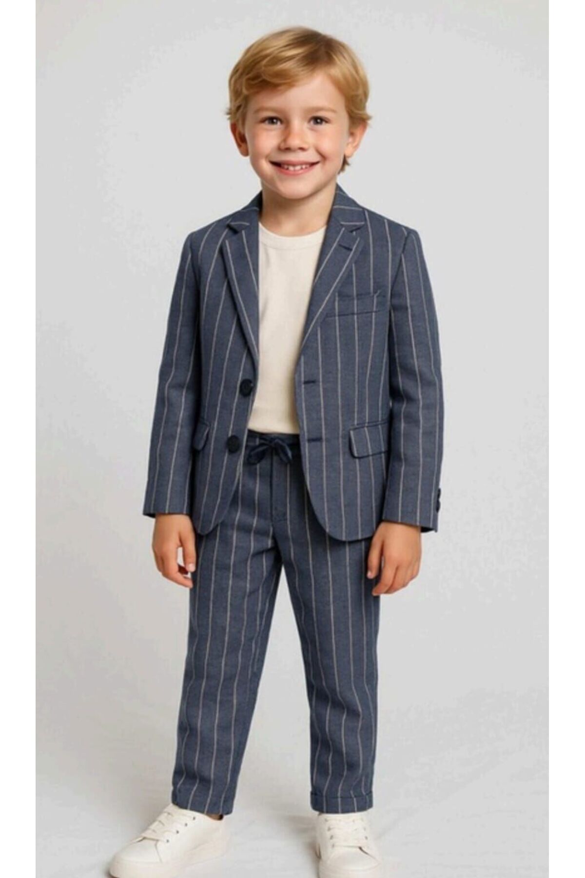 Alin Alp 9-14 Years Old Boys' Suit Graduation Wedding Birthday Model Navy Blue Striped Blazer Jacket-12 Y