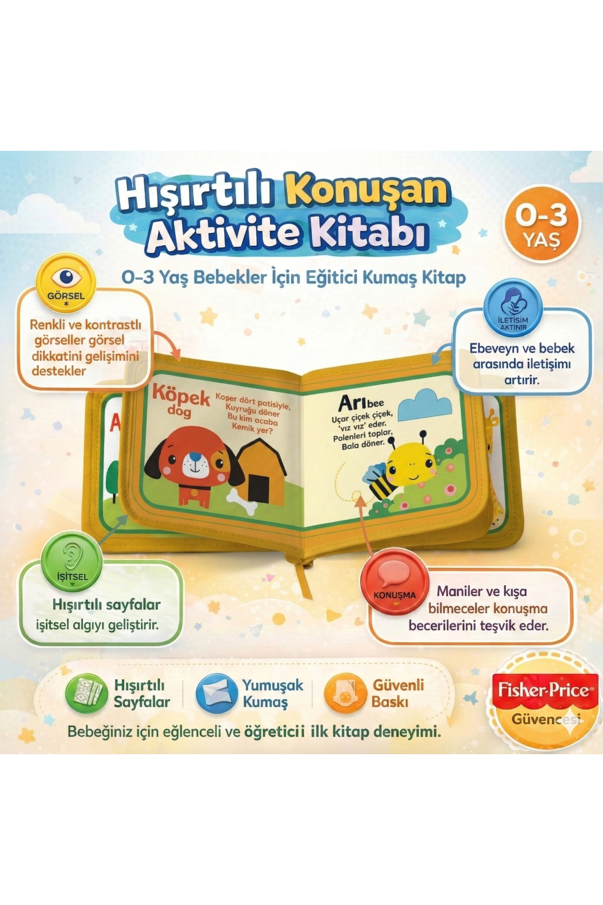 Fisher Price Konuşturan Bebek Kitabı Hışırtılı Sesli, Duyusal, Zeka Gelişim 0-3 Yaş Kitap Eğitim Seti (Çiftliğim) fotoğrafı 2 (önizleme)
