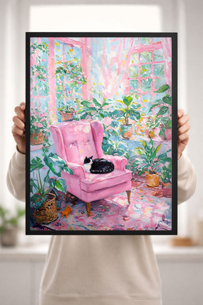 HandMadeBuy Sanatsal Kedi Tablosu Pembe Koltuk Çiçekli Dekoratif Poster Premi...