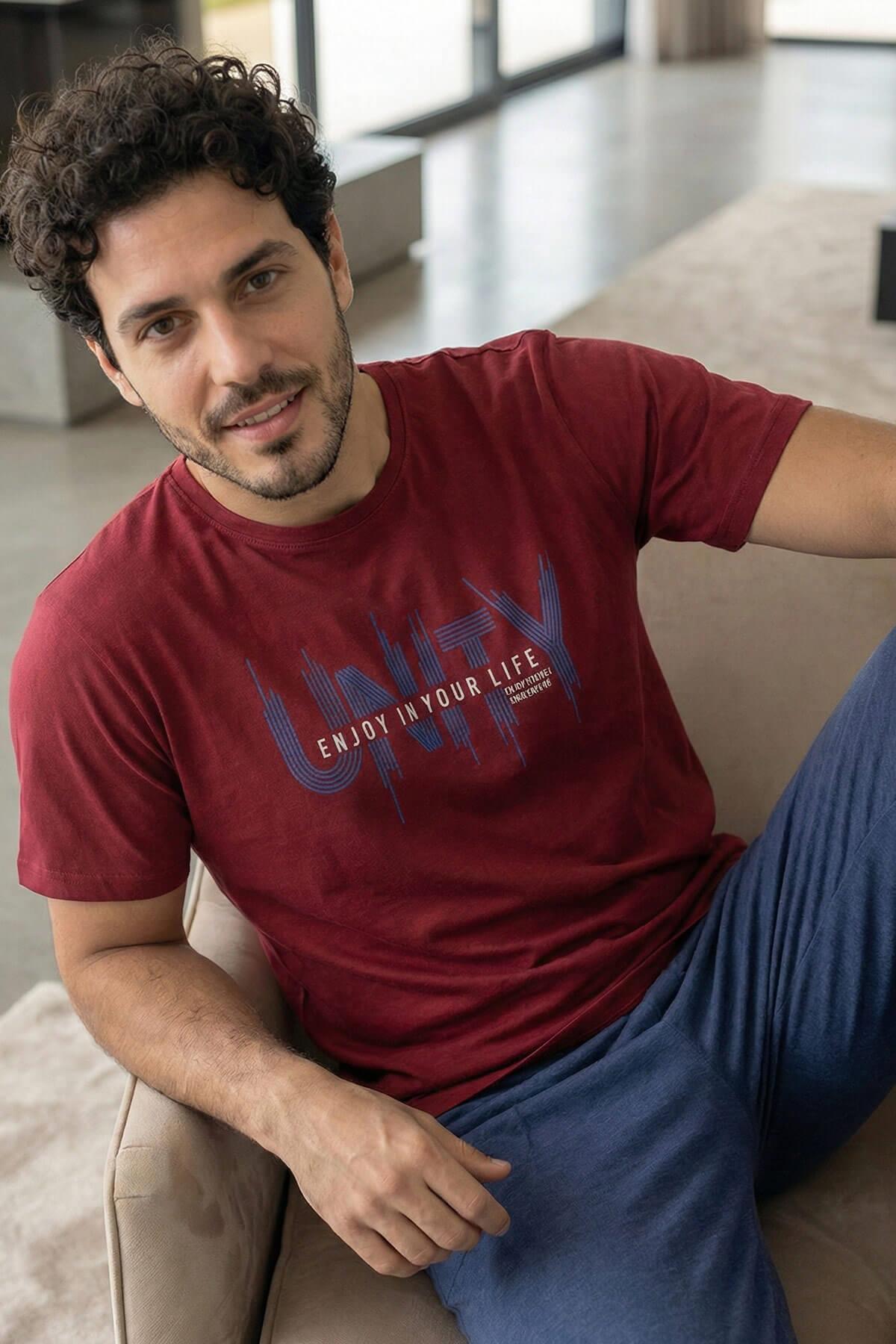 Pijamaevi Dusty Navy Unity Baskılı Kısa Kollu Cotton Erkek Pijama Takımı görsel 6