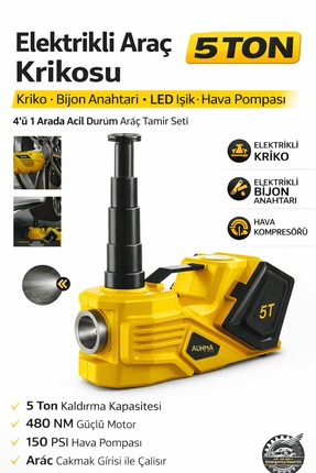 VOOKA 5 Ton Elektrikli Kriko Hava Pompası LED Işıklı Araç Tamir Kiti 12V Oto ...