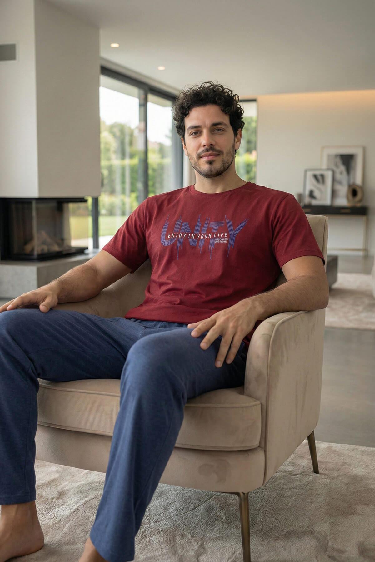 Pijamaevi Dusty Navy Unity Baskılı Kısa Kollu Cotton Erkek Pijama Takımı görsel 5