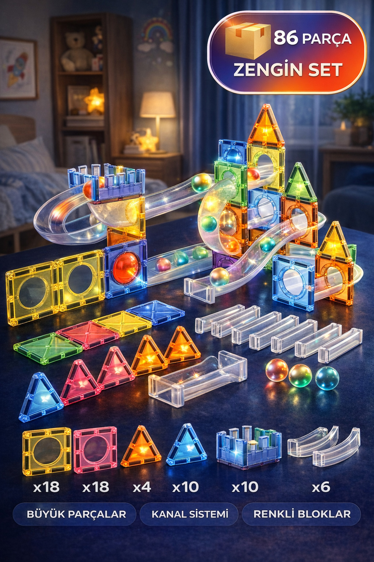 TOYFEST 86 Parça Işıklı Manyetik Blok Seti 7.5cm – Marble Run Eğitici Oyuncak 3+ Yaş Zeka Oyunu fotoğrafı 6 (önizleme)