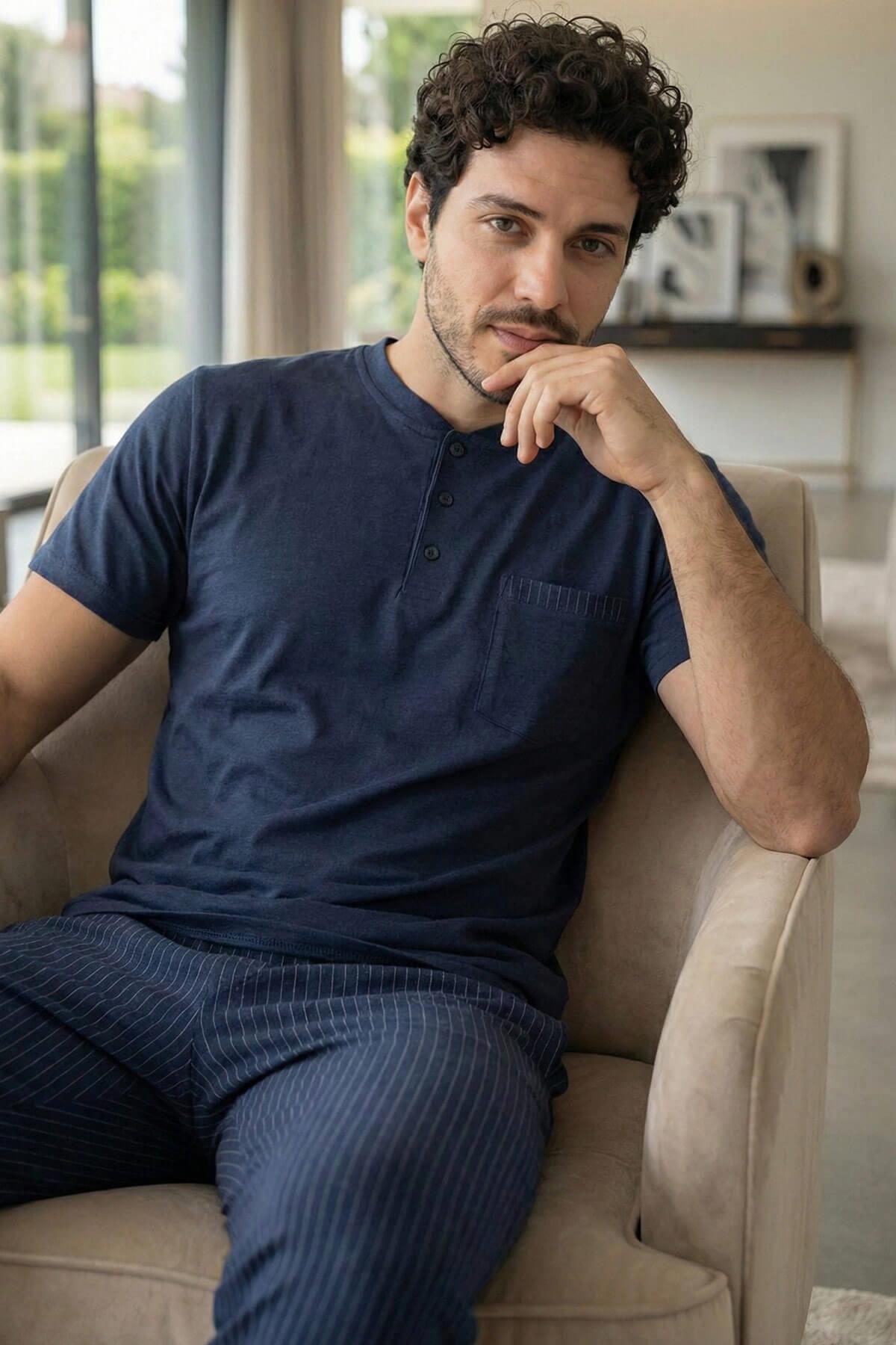 Pijamaevi  Deep Navy Kısa Kollu Cep Detaylı Elegant Erkek Pijama Takımı