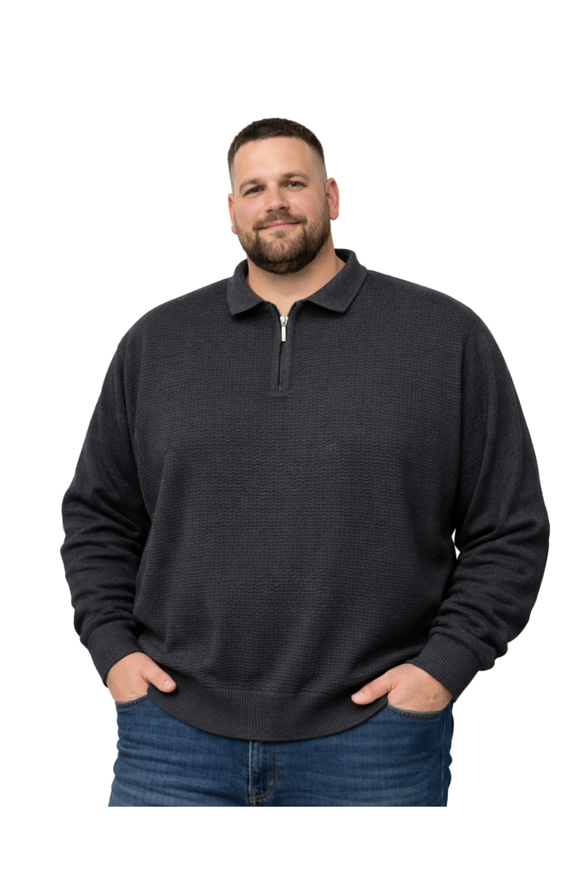 BattalModa Erkek Büyük Beden Antrasit Polo Yaka Fermuarlı Dokulu Triko Kazak 3XL-4XL-5XL-6XL