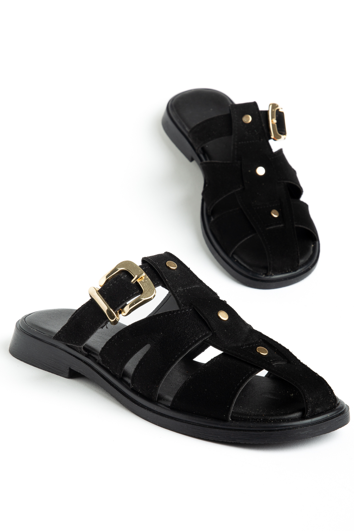 Nora Women's Black Suede Gold Casual Casual Slippers with Buckle Detail