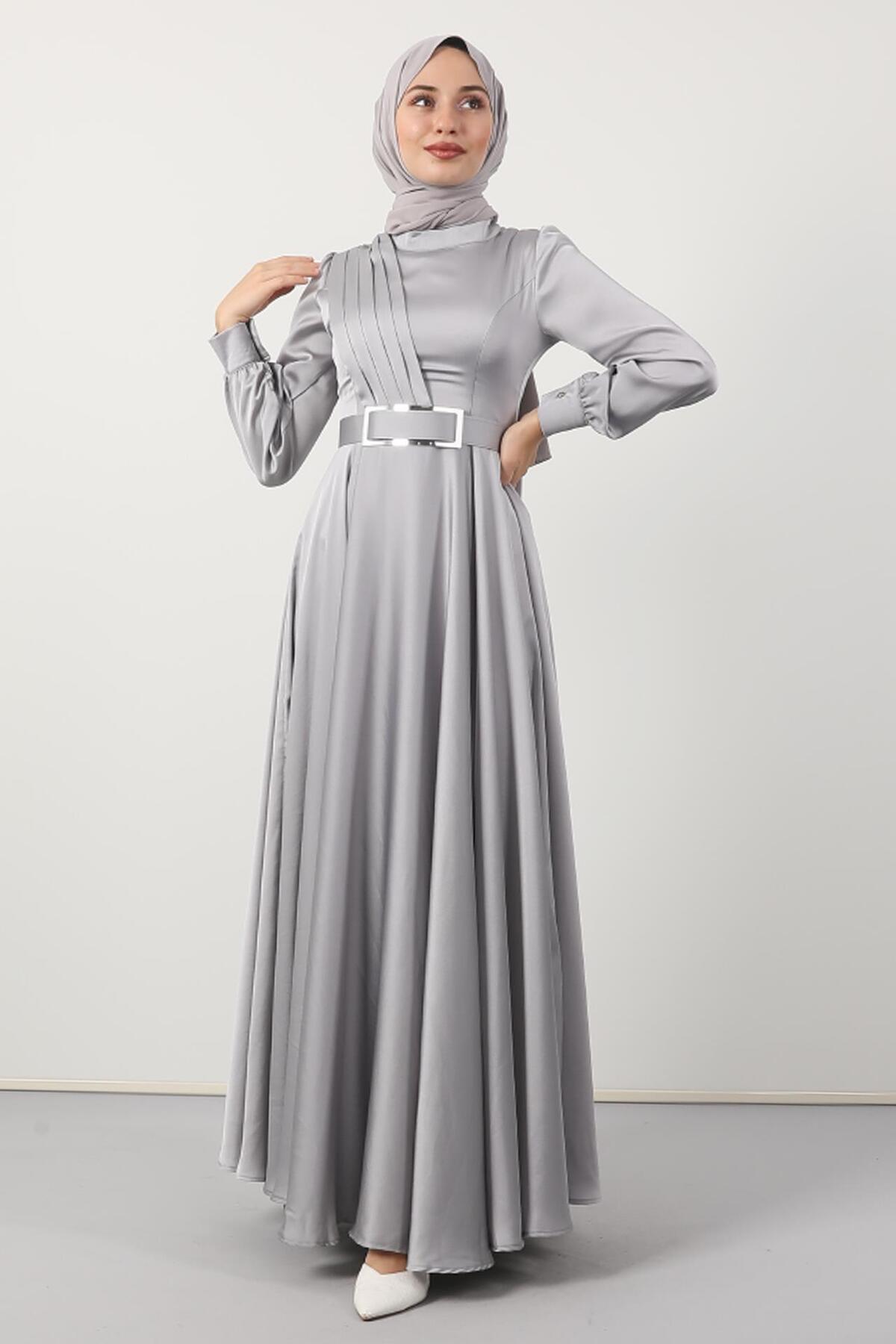 Pleated Front Modest Evening Dress Gray