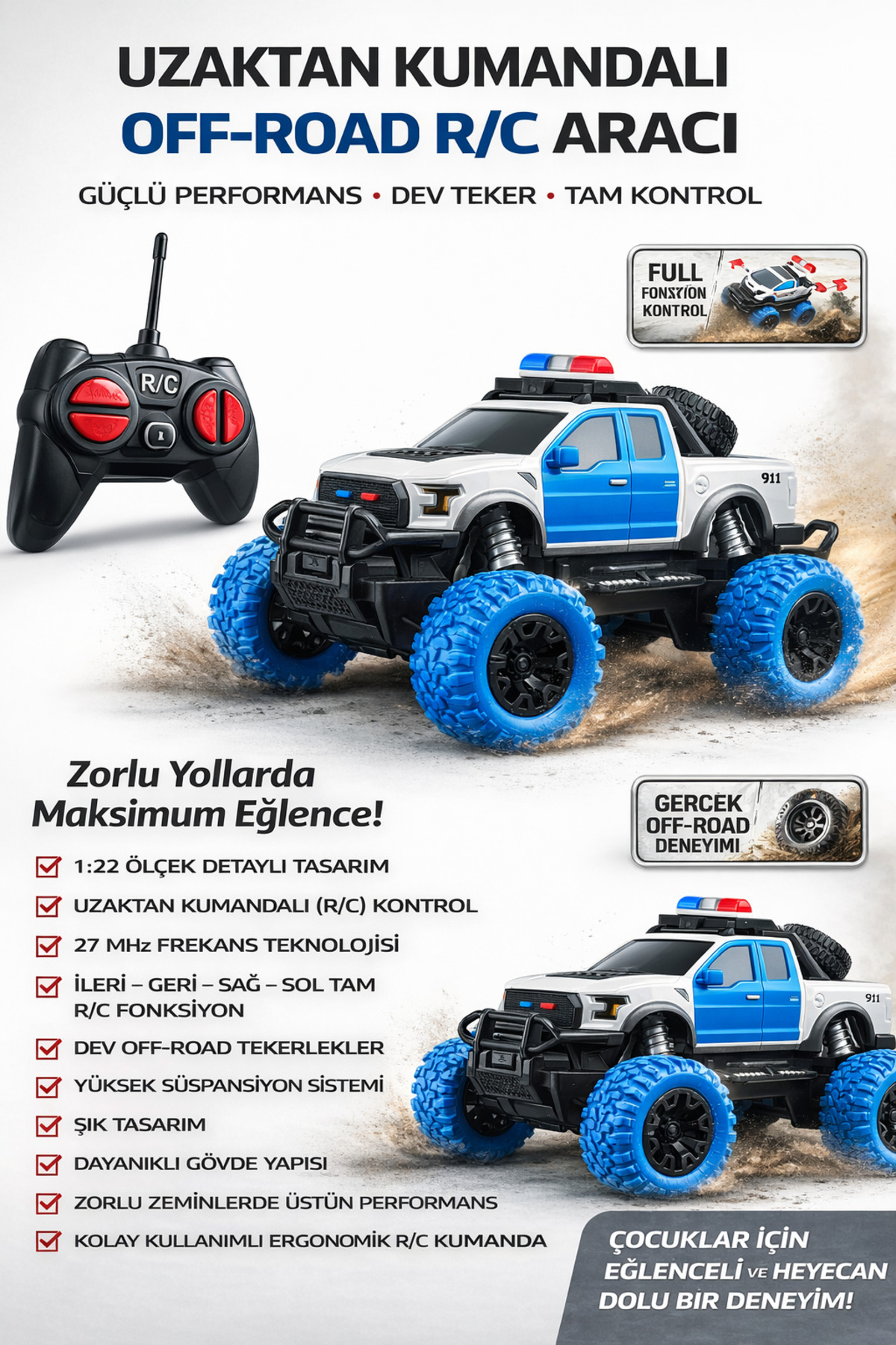 YILDIRIM OYUNCAK RC Uzaktan Kumandalı 4X4 Polis Arabası | Dev Teker Off Road Güçlü Motor Oyuncak Araba fotoğrafı 2 (önizleme)
