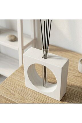 Basart Beyaz Taş Tozu Geometrik Difüzör Ve Vazo Seti - Minimalist Kare Cam Tü...