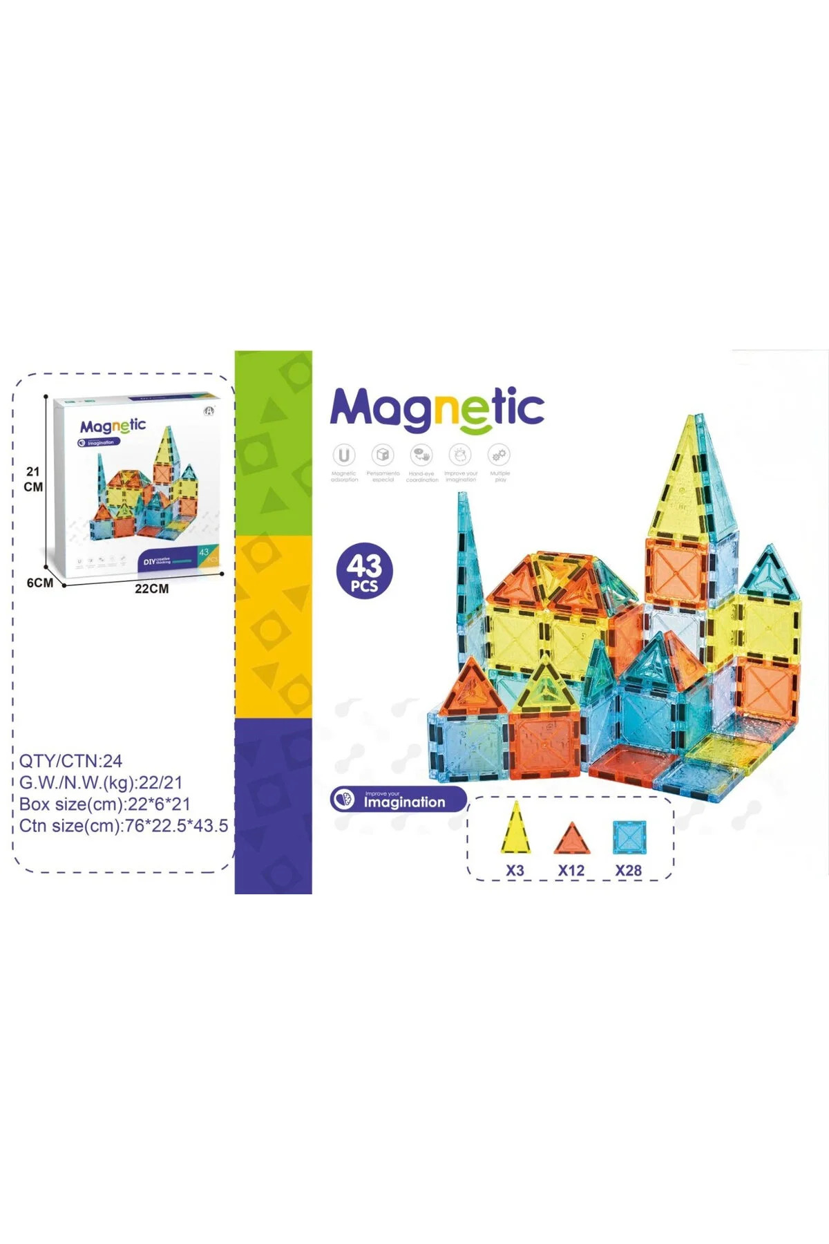 Bundeba 43 Parça Magnetic Tiles Mıknatıslı Manyetik Yapı Blokları Eğitici Oyuncak Set fotoğrafı 2 (önizleme)