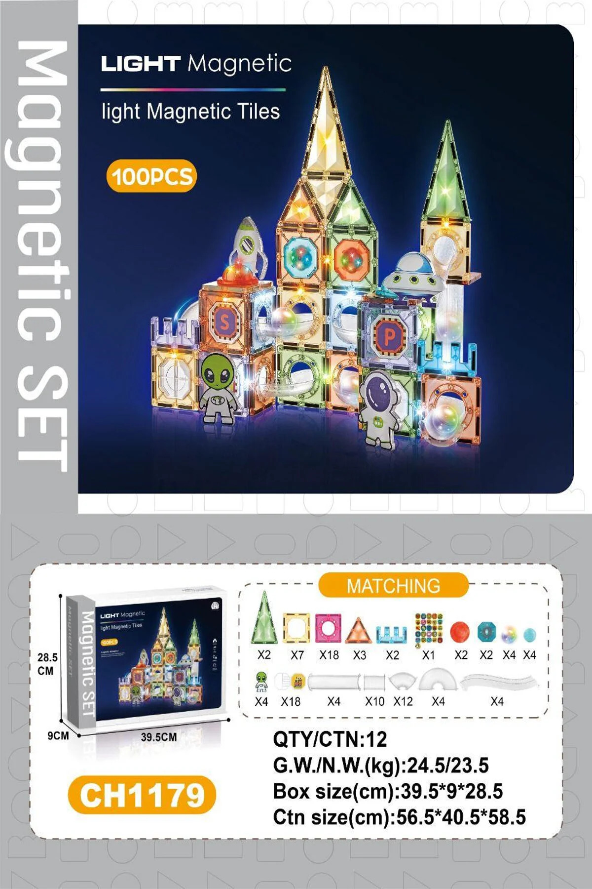 Bundeba 100 Parça Magnetic Tiles Uzaylılar Işıklı Mıknatıslı Manyetik Yapı Blokları Eğitici Oyuncak Set fotoğrafı 2 (önizleme)