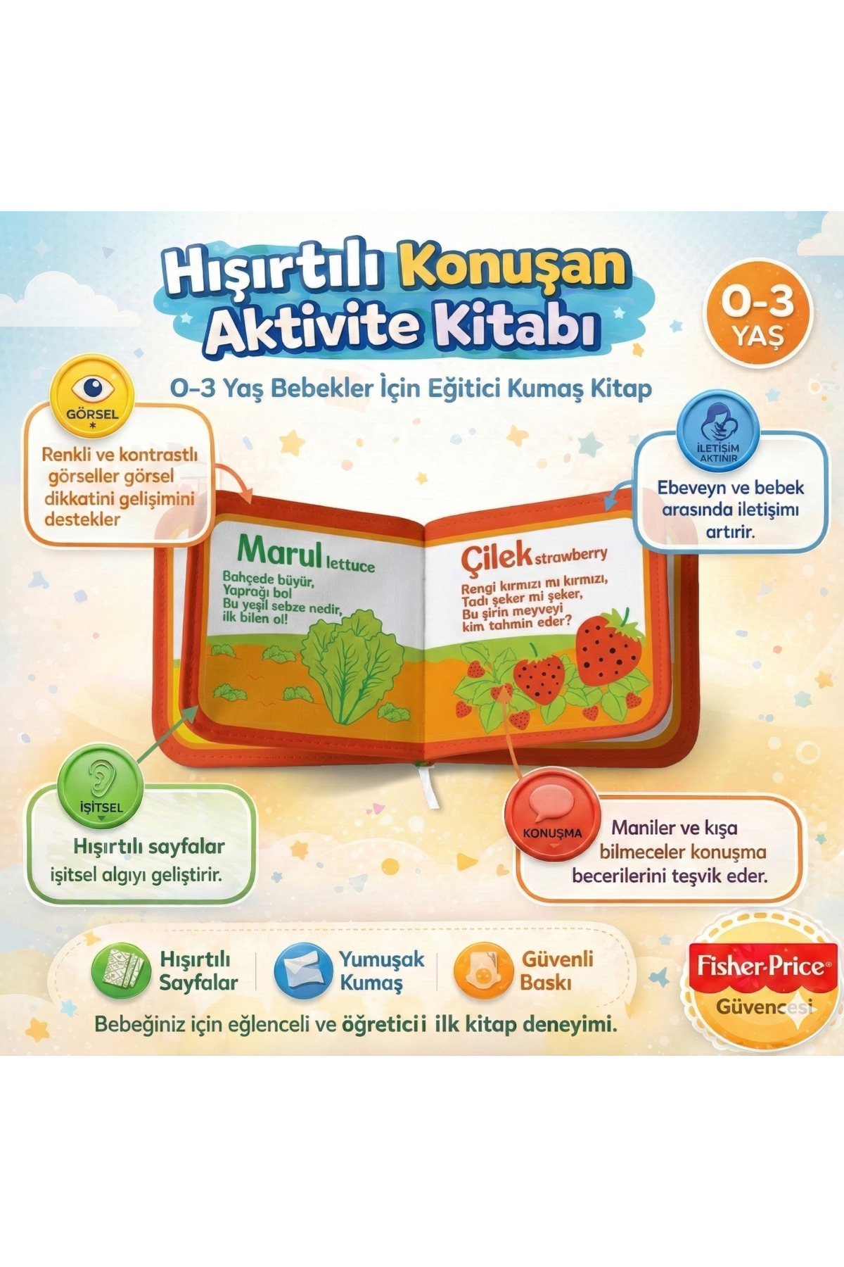 Fisher Price Konuşturan Bebek Kitabı Hışırtılı Sesli, Duyusal, Zeka Gelişim 0-3 Yaş Kitap Eğitim (Meyve,Sebze) fotoğrafı 3 (önizleme)