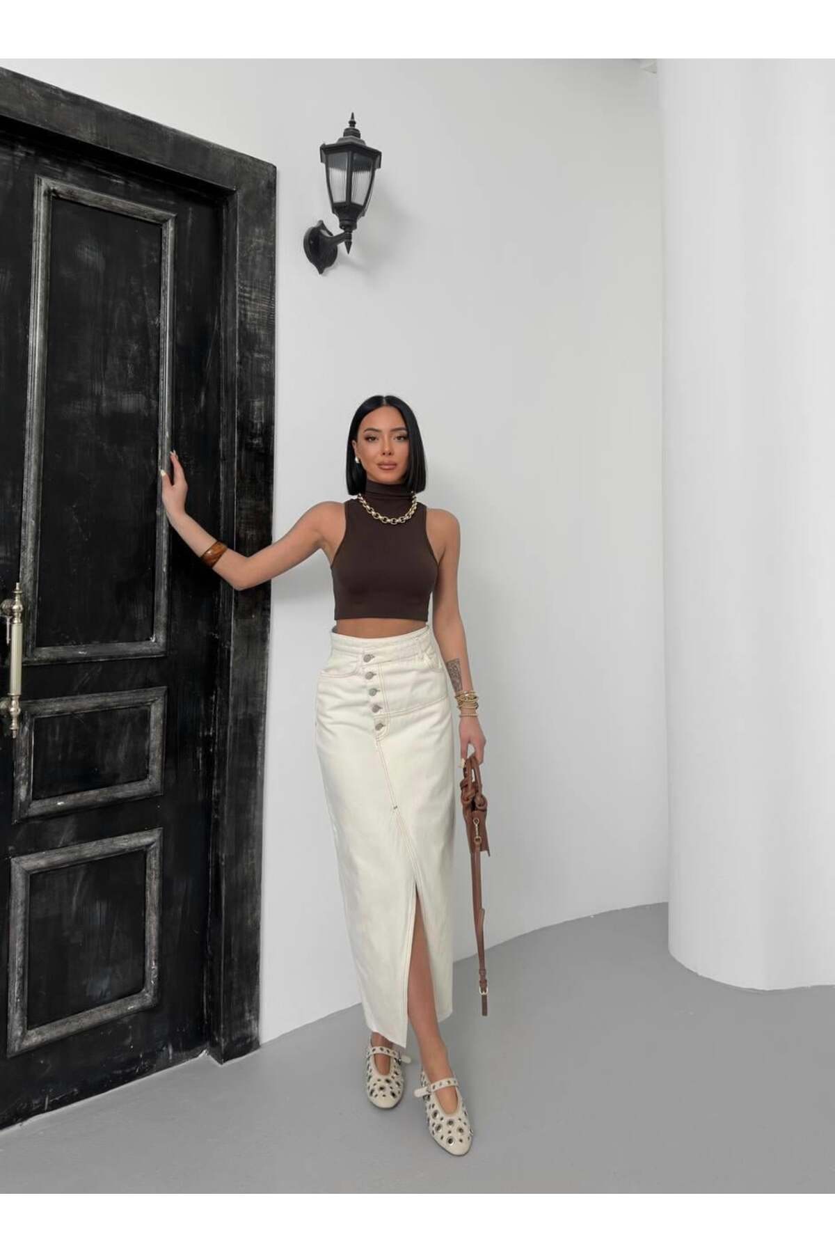 1434 Polo State  Kadın Ekru Yüksek Bel Önü Düğmeli Yırtmaçlı Jean Etek - Görsel 4