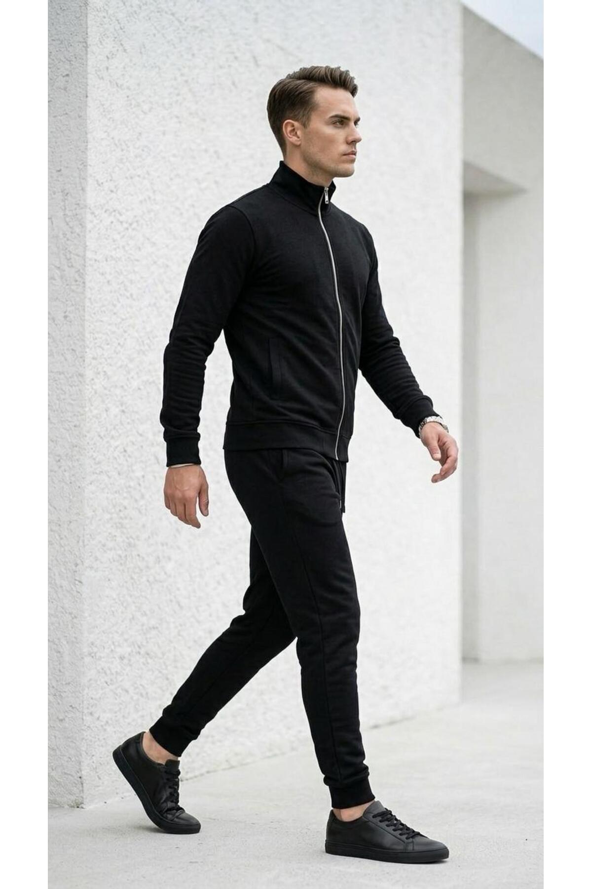 Erkek Eşofman Takımı Slim Fit Dokulu Kumaş Fermuarlı Üst Lastikli Paça Modern Spor Takım — مشکی TR-198872618 — تصویر 2 از 7