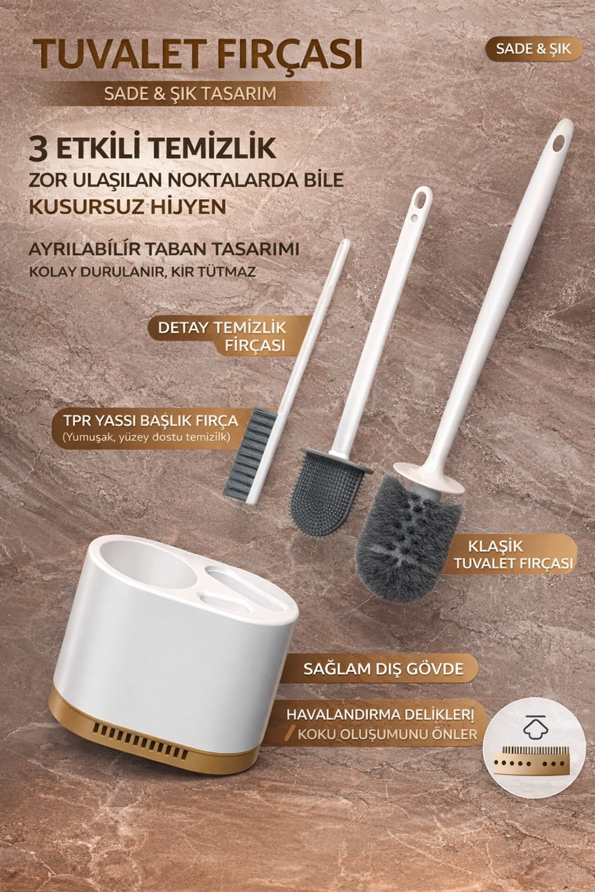 3-Piece Toilet Brush Set Silicone Tip Wall Mounted Toilet Brush White