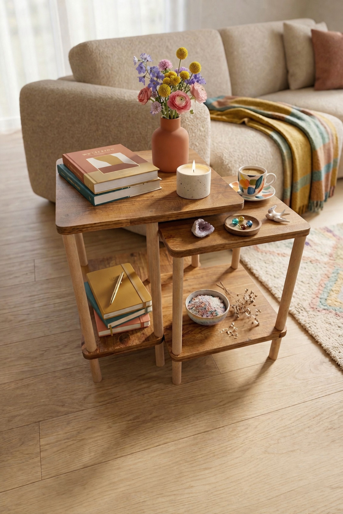 Modern Minimal Design Side Table Decorative Wooden Ziggon Coffee Table 2 Piece Set 40*50cm