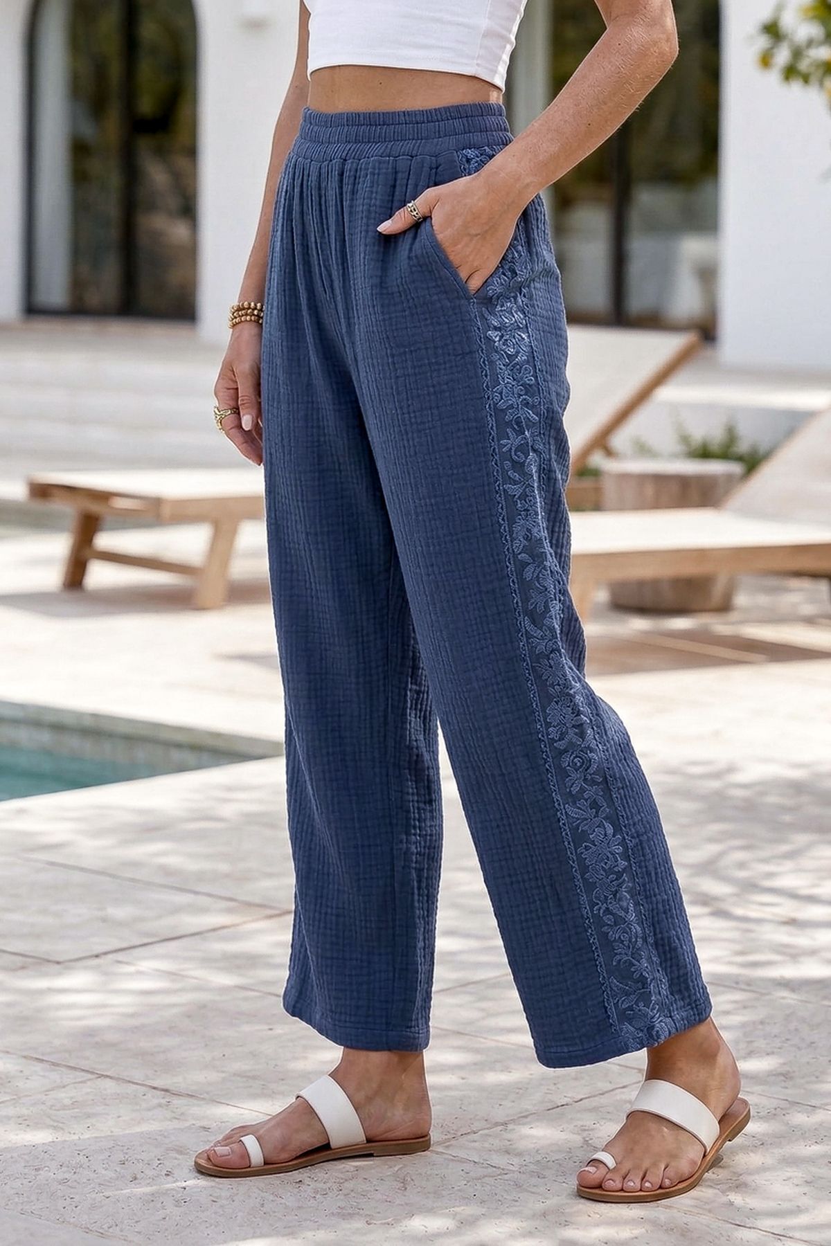Chiccy  Mavi Cepli Yanları Dantelli Lastikli Bel Casual Müslin Dokuma Pantolon 92 60
